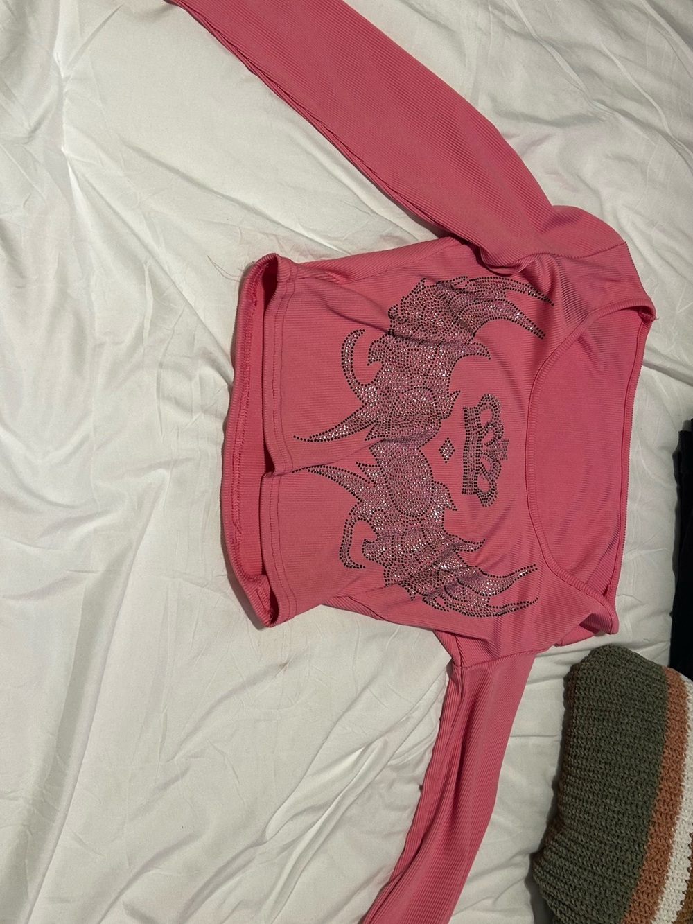 Pink Long Sleeve Rhinestone Wing Graphic Top